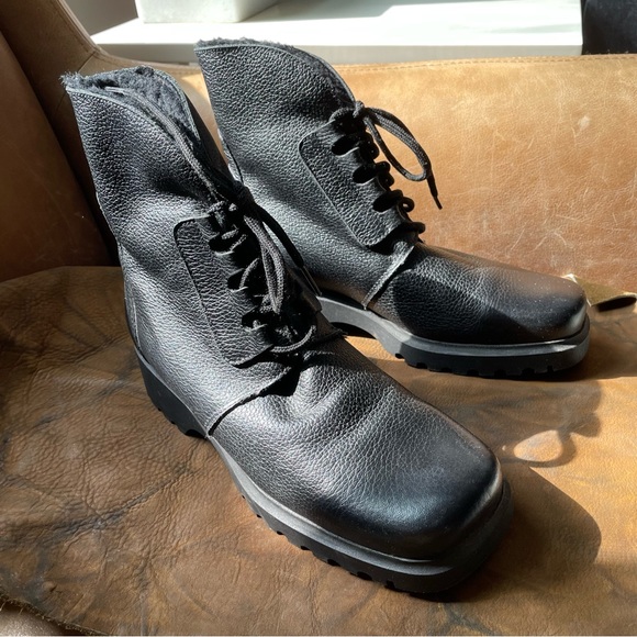 La Canadienne black leather square toe fur lined boots winter fall cozy vintage - Picture 4 of 9